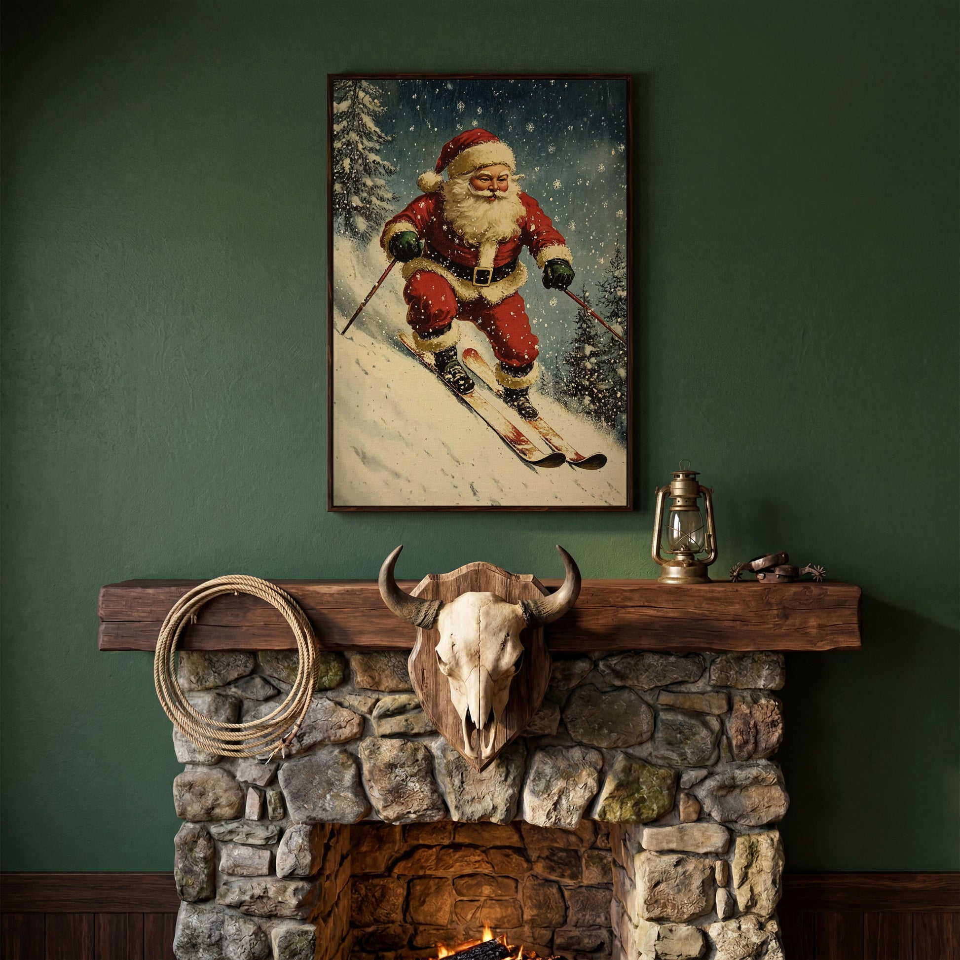 Santa on Skis Canvas Print in dark walnut floating frame
