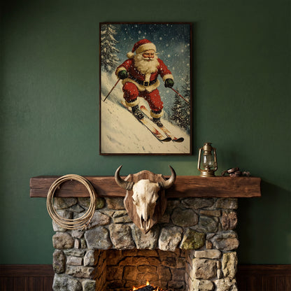 Santa on Skis Canvas Print in dark walnut floating frame