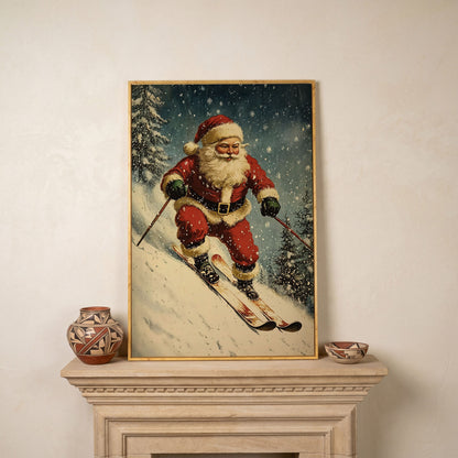 Santa on Skis Canvas Print in white oak floating frame