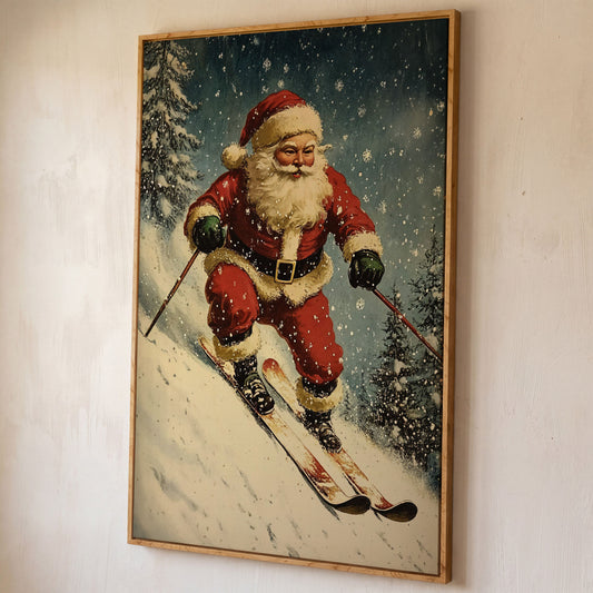 Santa on Skis Canvas Print shown in white oak floating frame