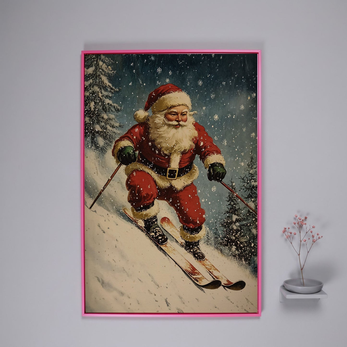 Santa on Skis Canvas Print in pink floating frame