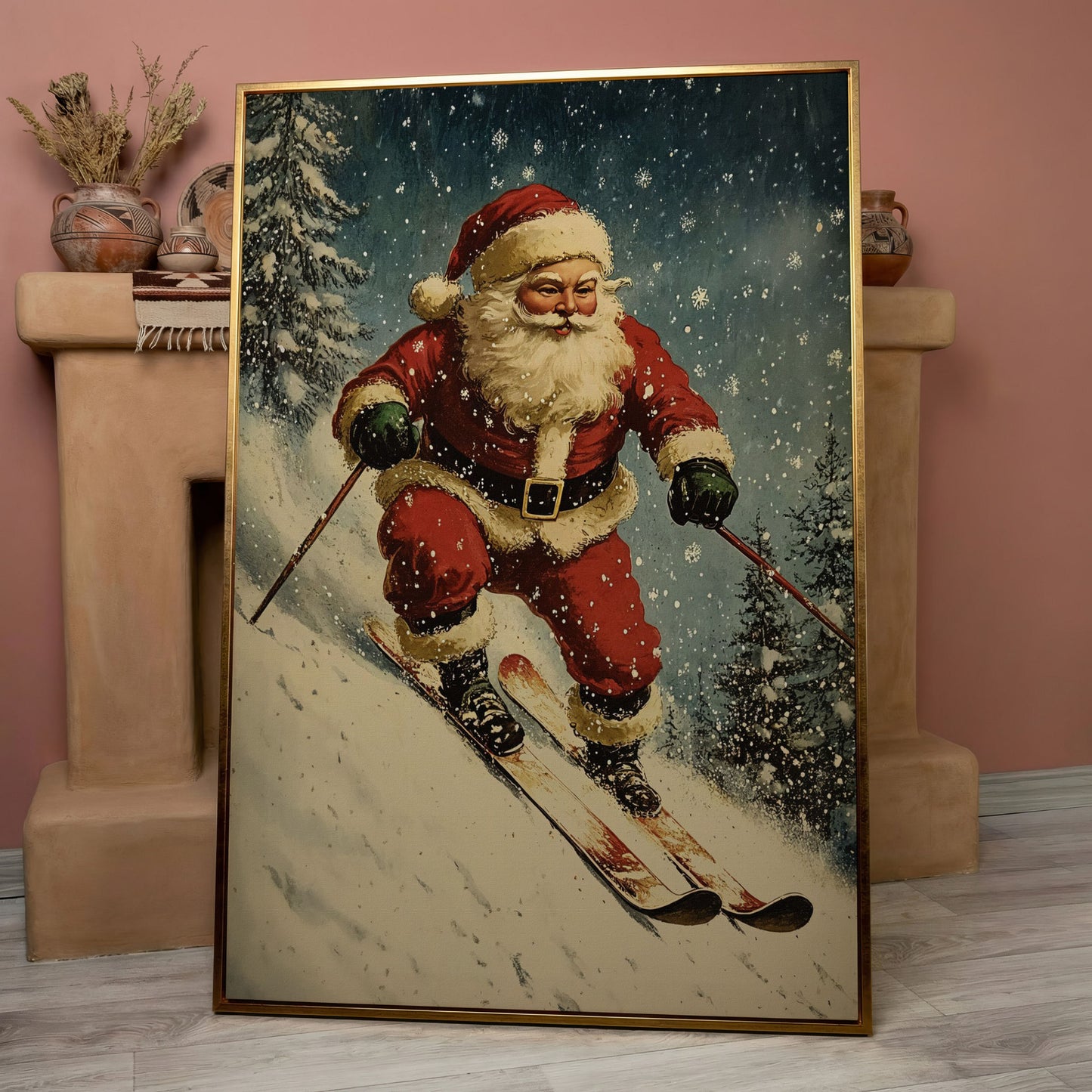 Santa on Skis Canvas Print in rose gold floating frame