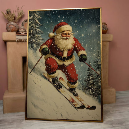 Santa on Skis Canvas Print in rose gold floating frame