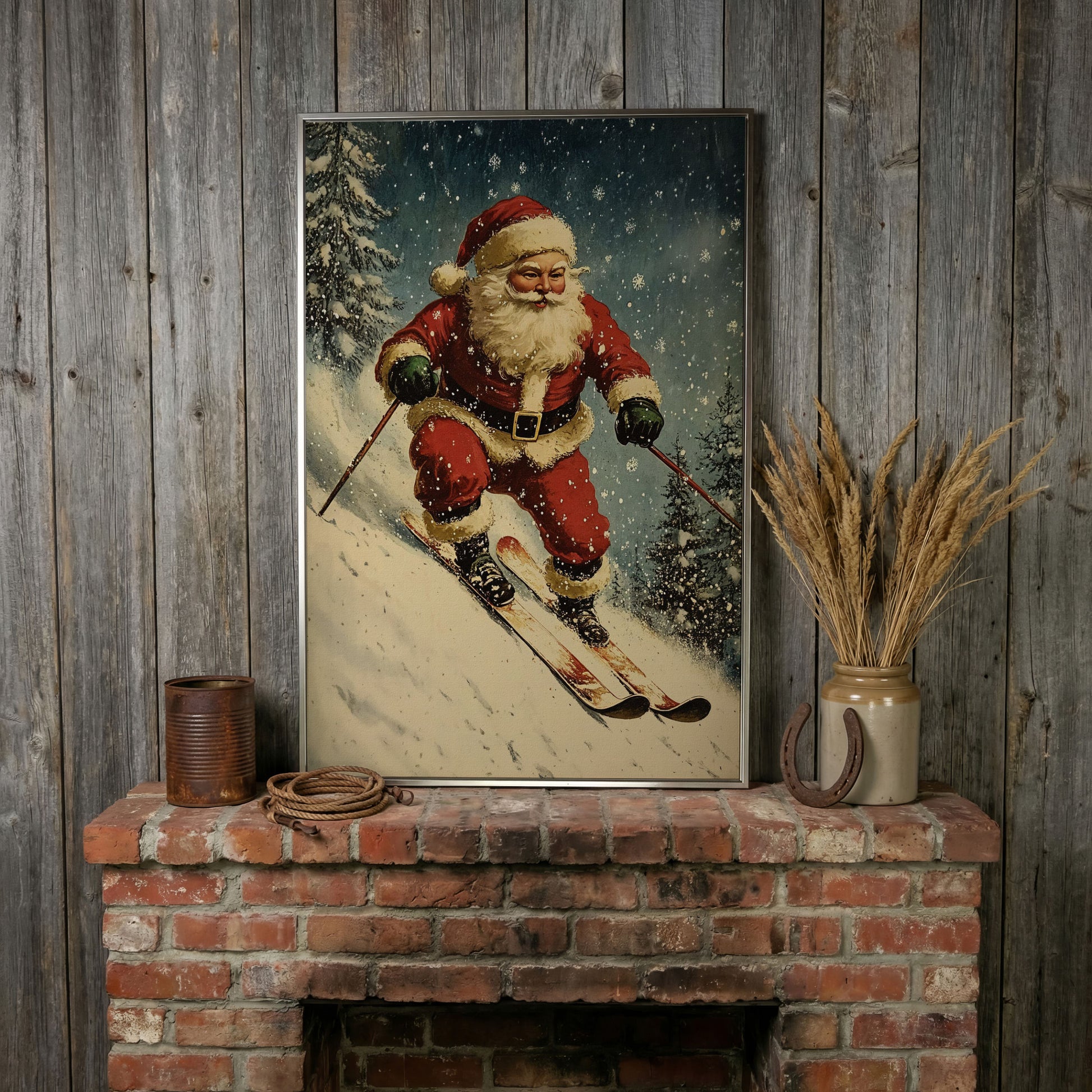 Santa on Skis Canvas Print in silver floating frame