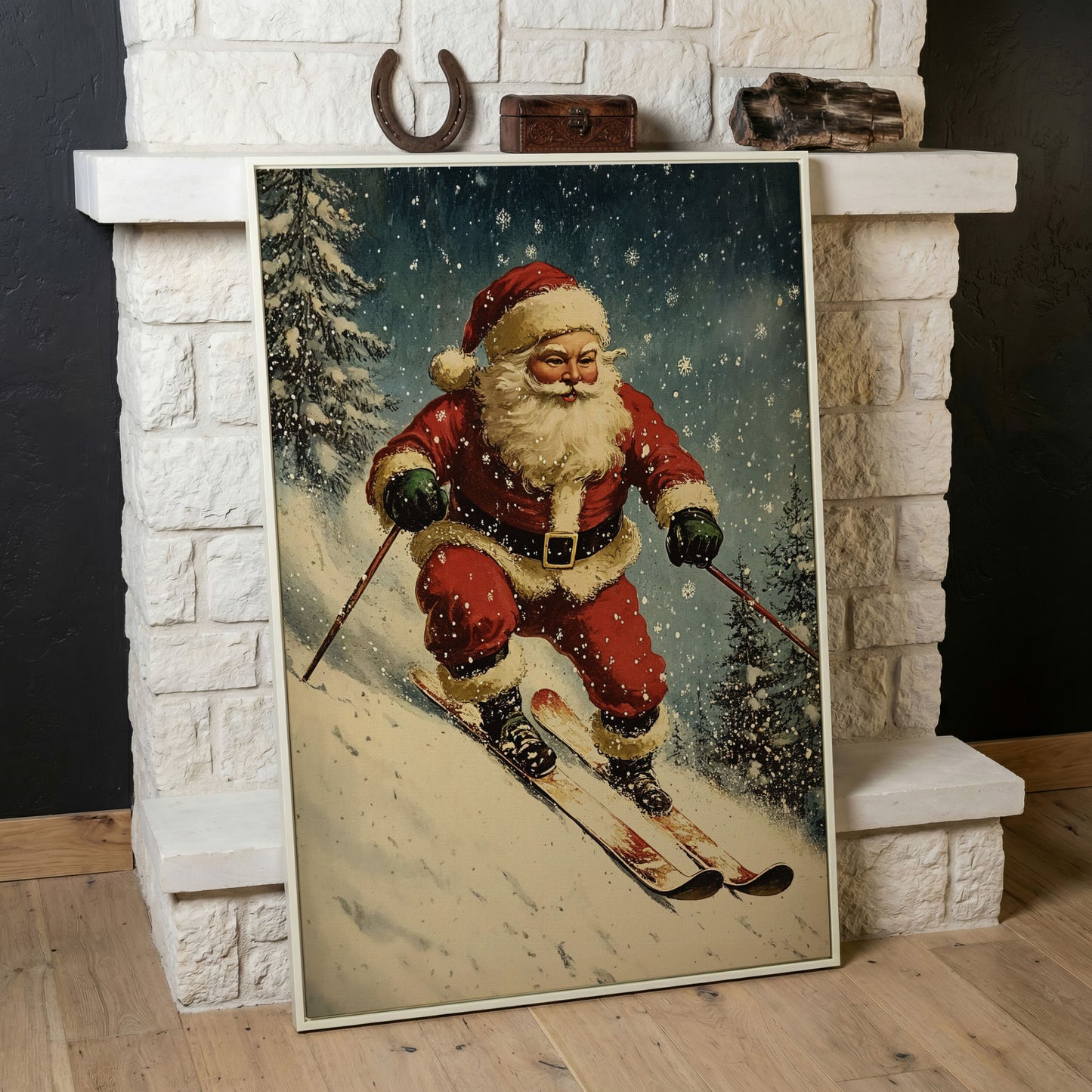 Santa on Skis Canvas Print in white floating frame