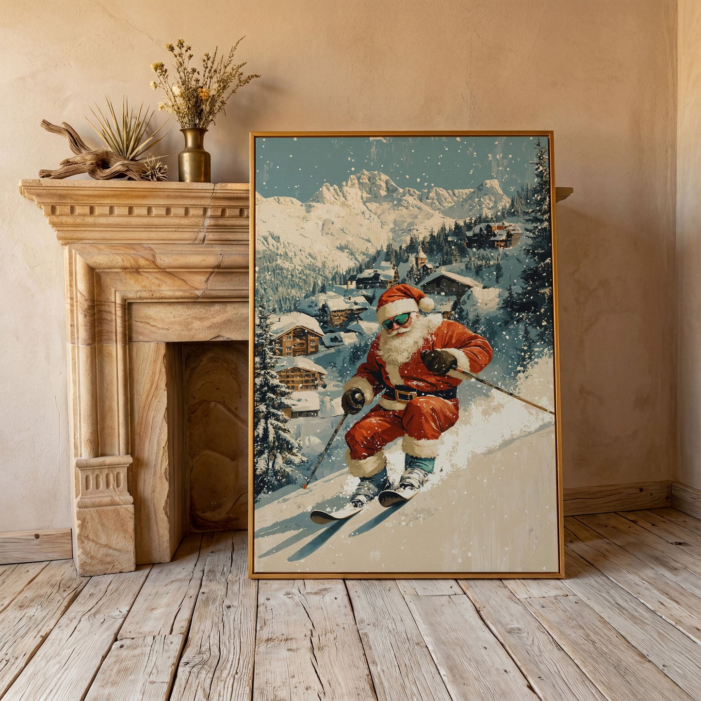 Santa Skiing Mountain Canvas Print in antique gold floating frame