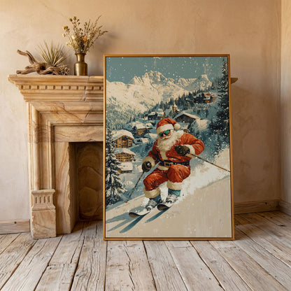 Santa Skiing Mountain Canvas Print in antique gold floating frame