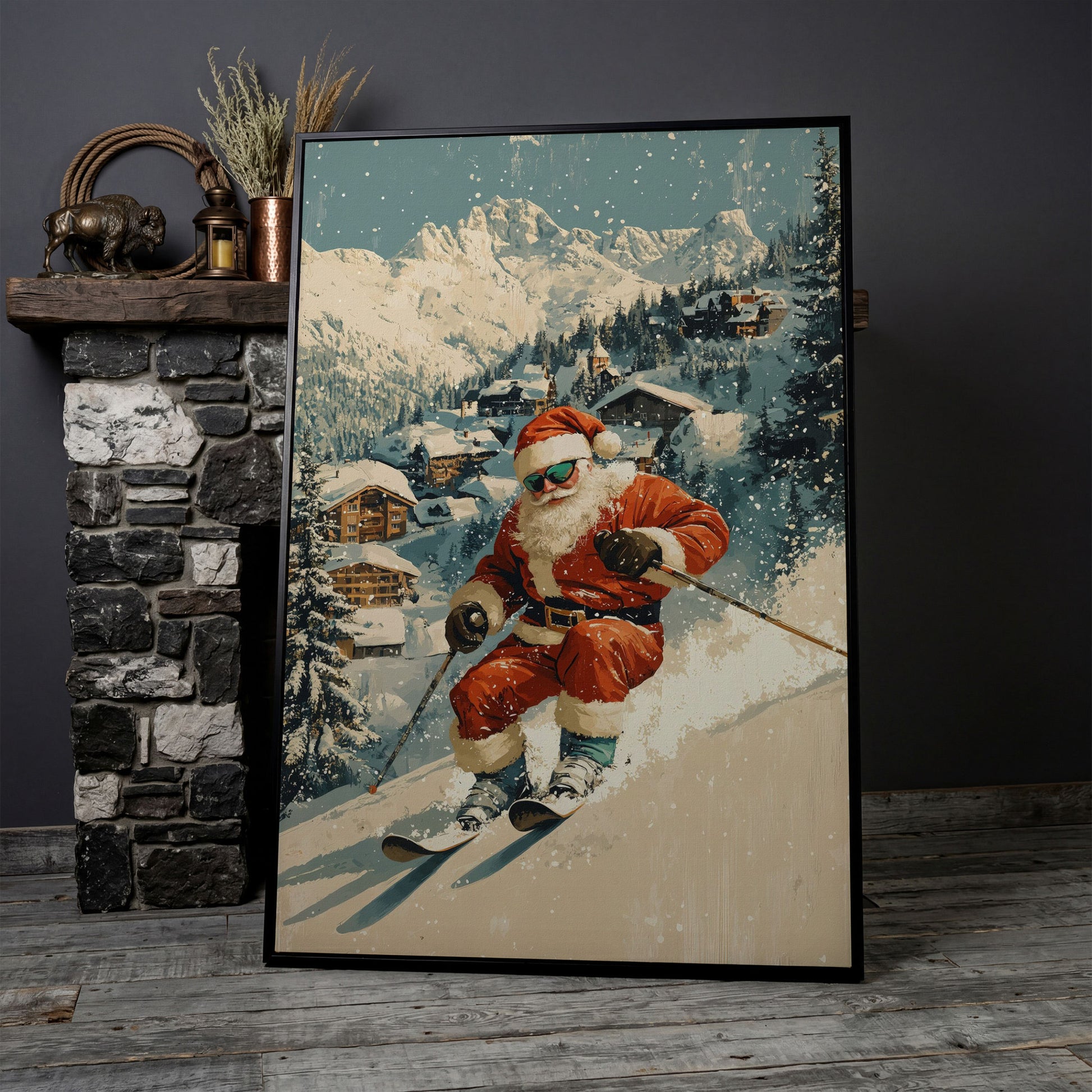 Santa Skiing Mountain Canvas Print in black floating frame