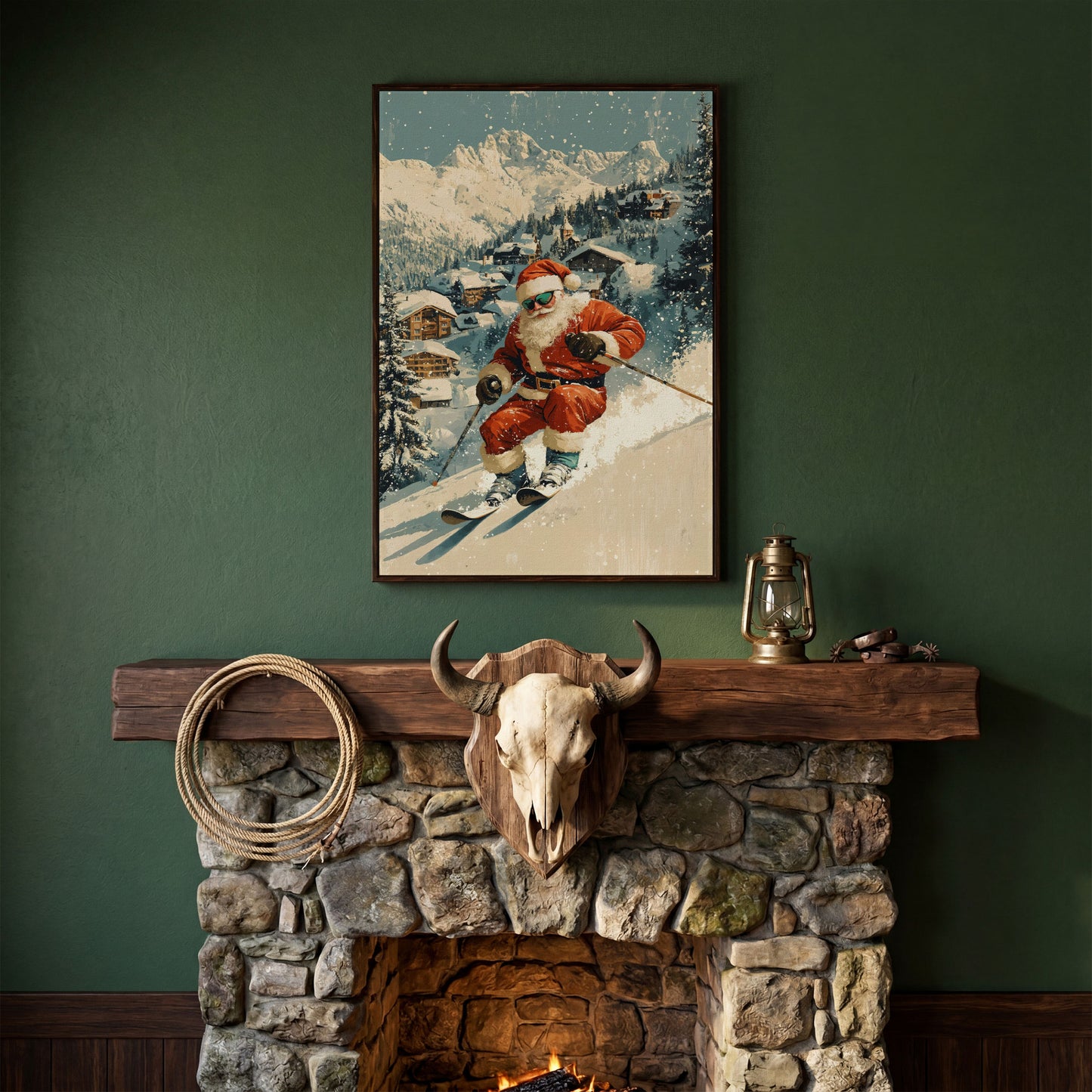 Santa Skiing Mountain Canvas Print in dark walnut floating frame
