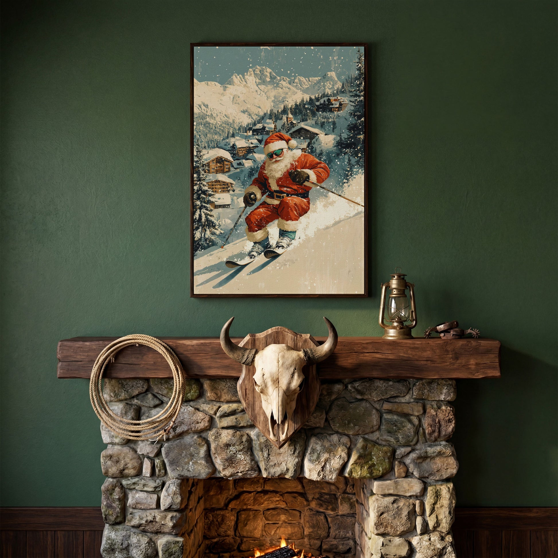 Santa Skiing Mountain Canvas Print in dark walnut floating frame