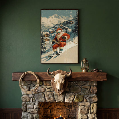 Santa Skiing Mountain Canvas Print in dark walnut floating frame