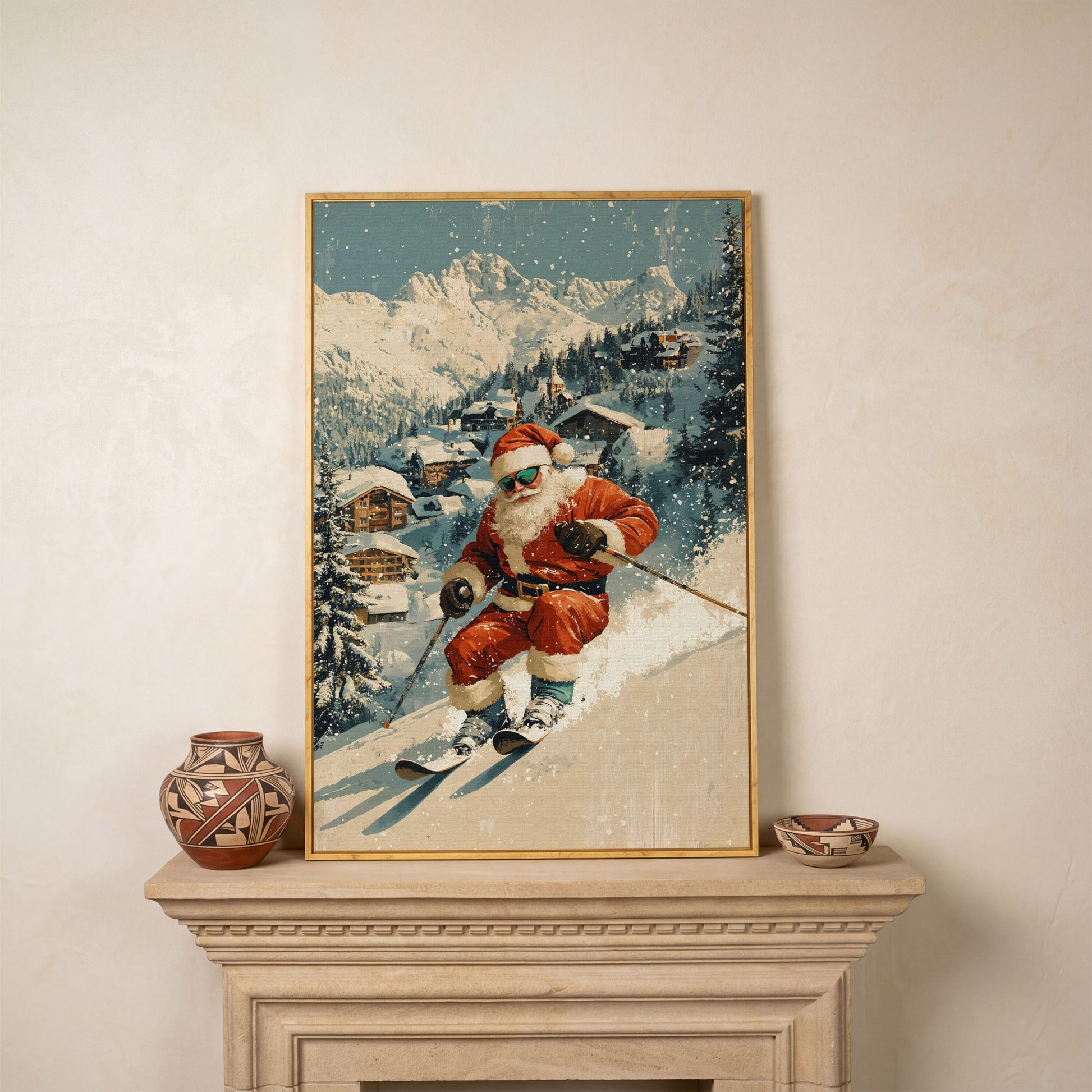 Santa Skiing Mountain Canvas Print in white oak floating frame