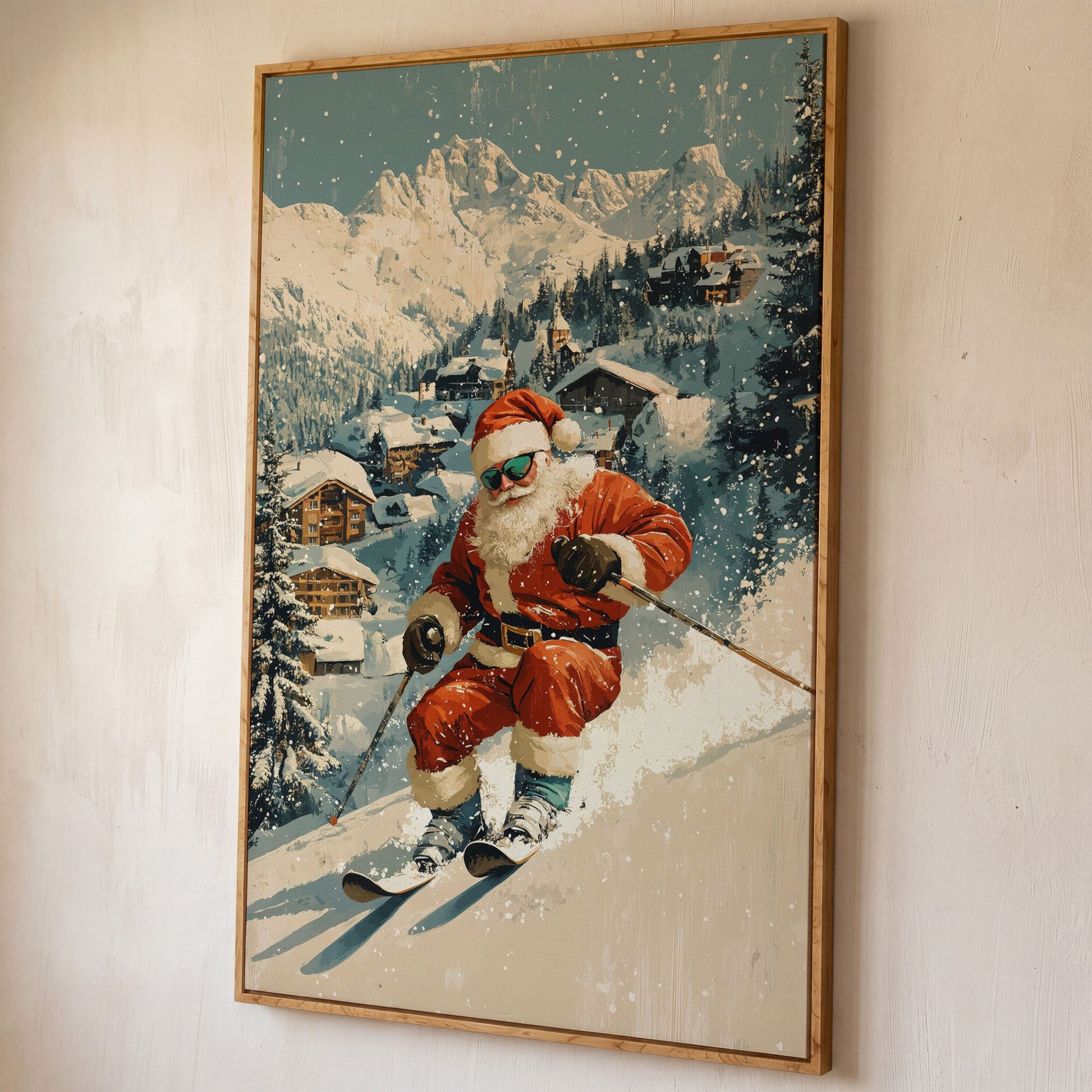 Santa Skiing Mountain Canvas Print shown in white oak floating frame