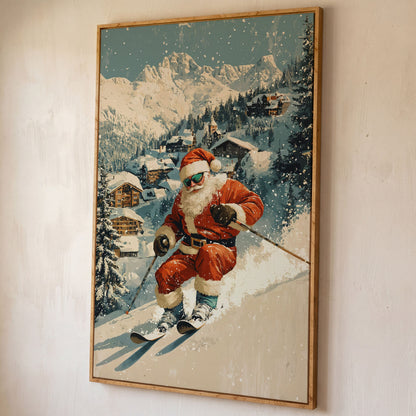 Santa Skiing Mountain Canvas Print shown in white oak floating frame