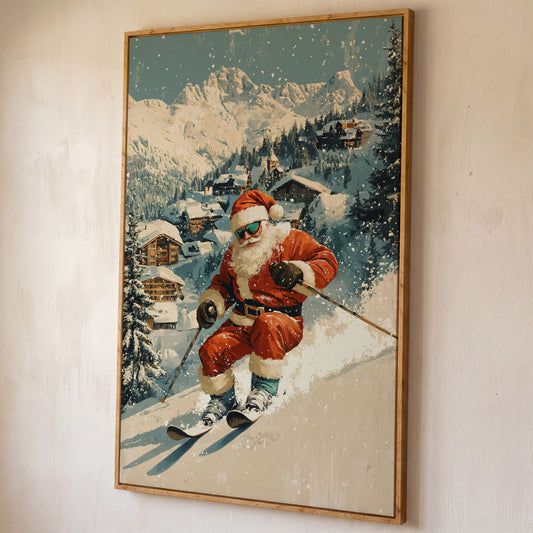 Santa Skiing Mountain Canvas Print shown in white oak floating frame