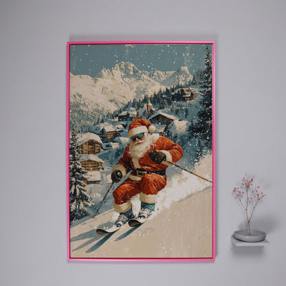Santa Skiing Mountain Canvas Print in pink floating frame