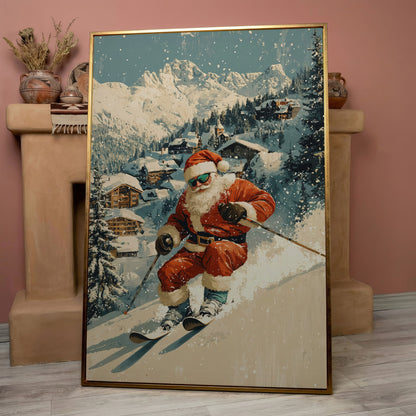 Santa Skiing Mountain Canvas Print in rose gold floating frame