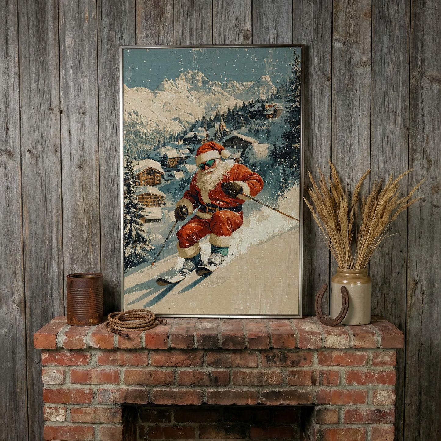 Santa Skiing Mountain Canvas Print in silver floating frame