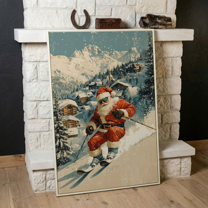 Santa Skiing Mountain Canvas Print in white floating frame