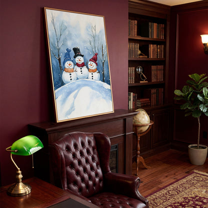 Three Snowmen on a Hill Canvas Print in antique gold floating frame