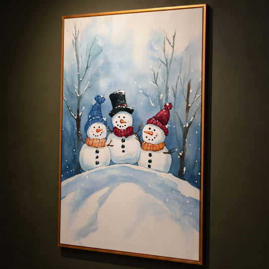 Three Snowmen on a Hill Canvas Print shown in antique gold floating frame