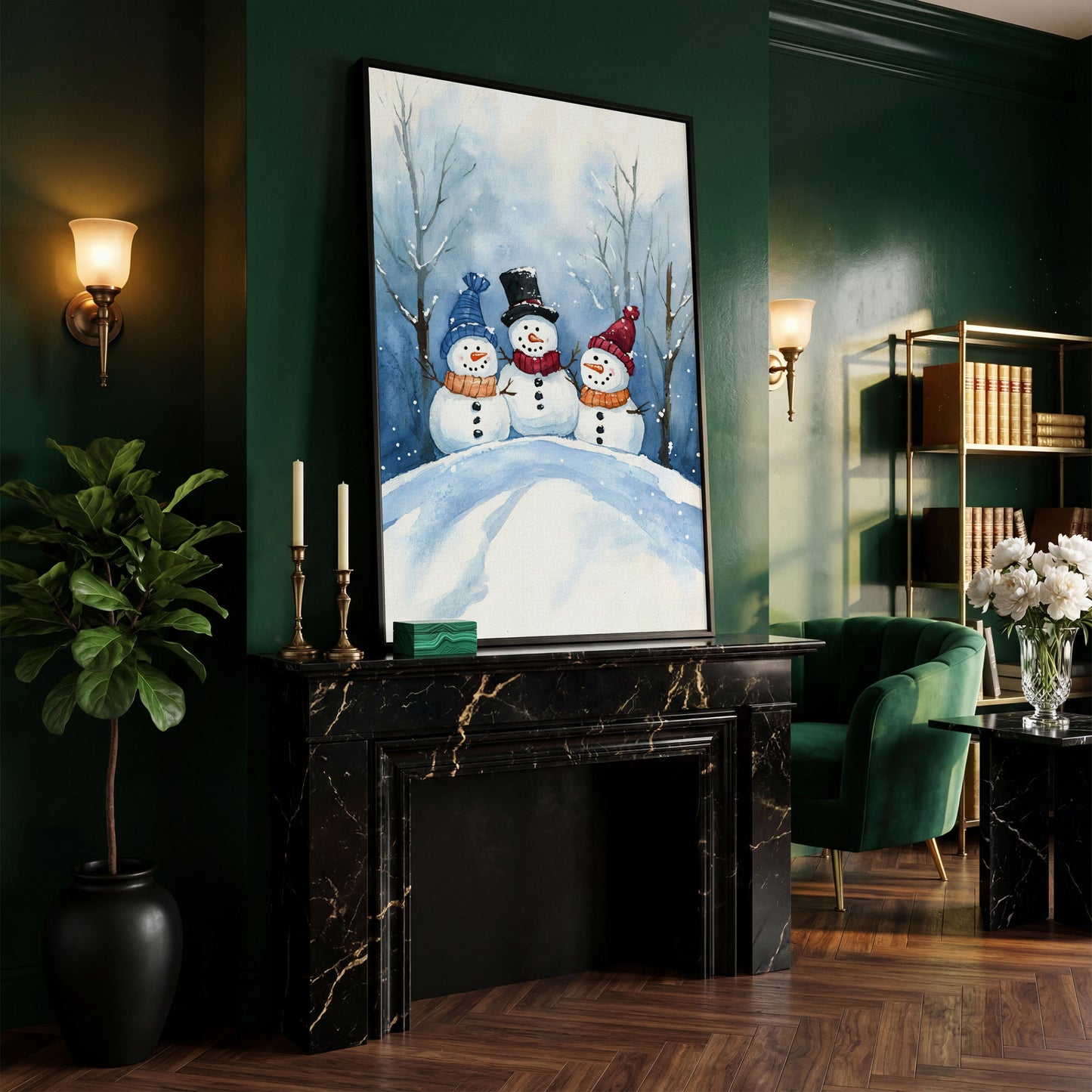 Three Snowmen on a Hill Canvas Print in black floating frame