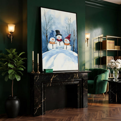 Three Snowmen on a Hill Canvas Print in black floating frame