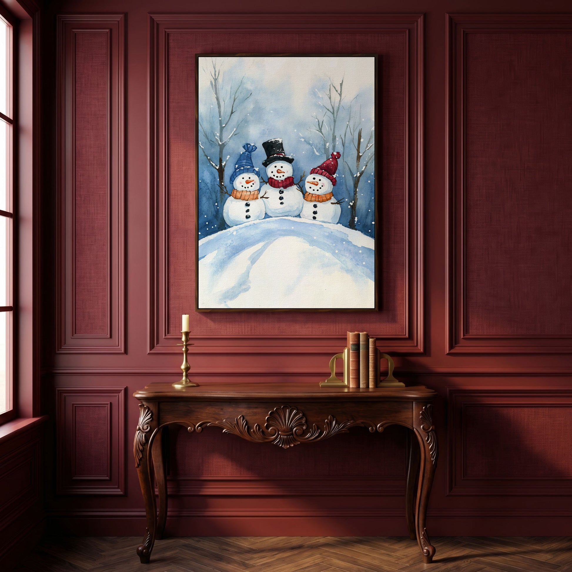 Three Snowmen on a Hill Canvas Print in dark walnut floating frame