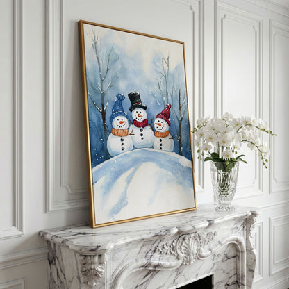 Three Snowmen on a Hill Canvas Print in yellow gold floating frame