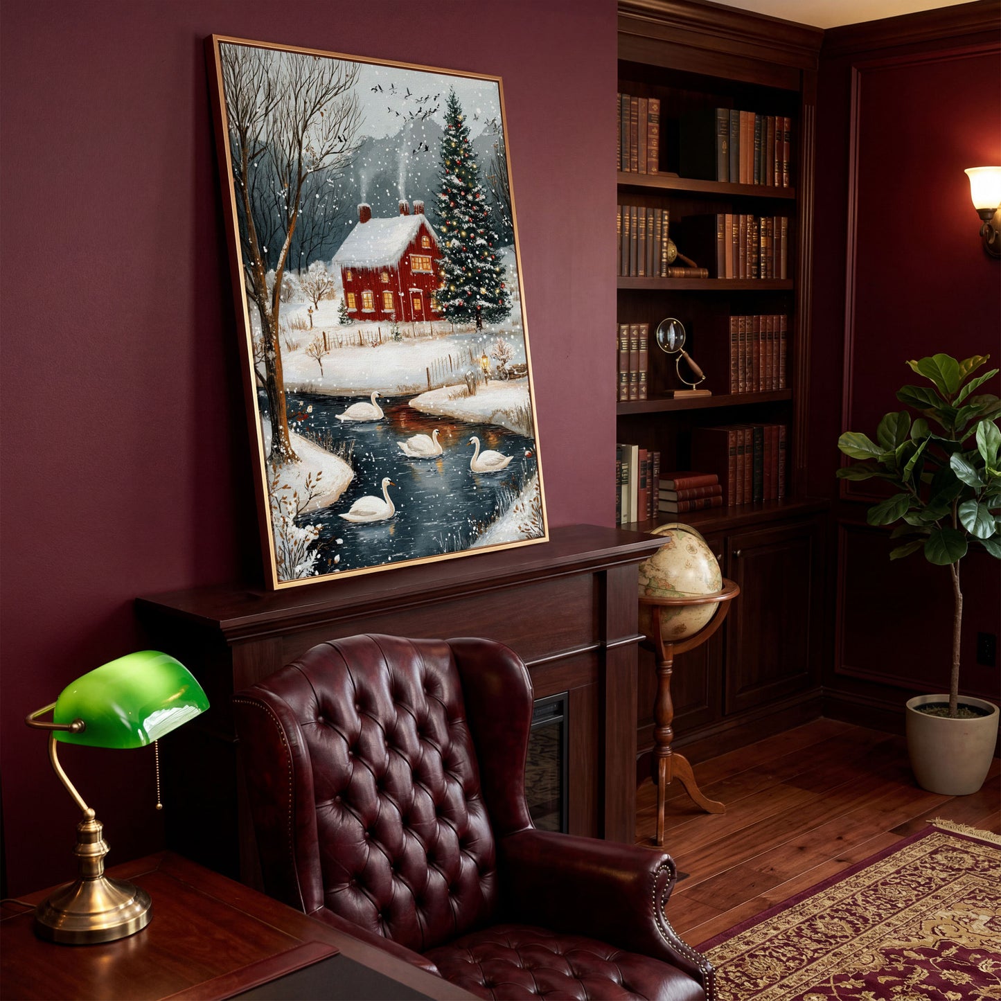 Cozy Winter Cottage Canvas Print with Snowy Christmas Landscape in antique gold floating frame