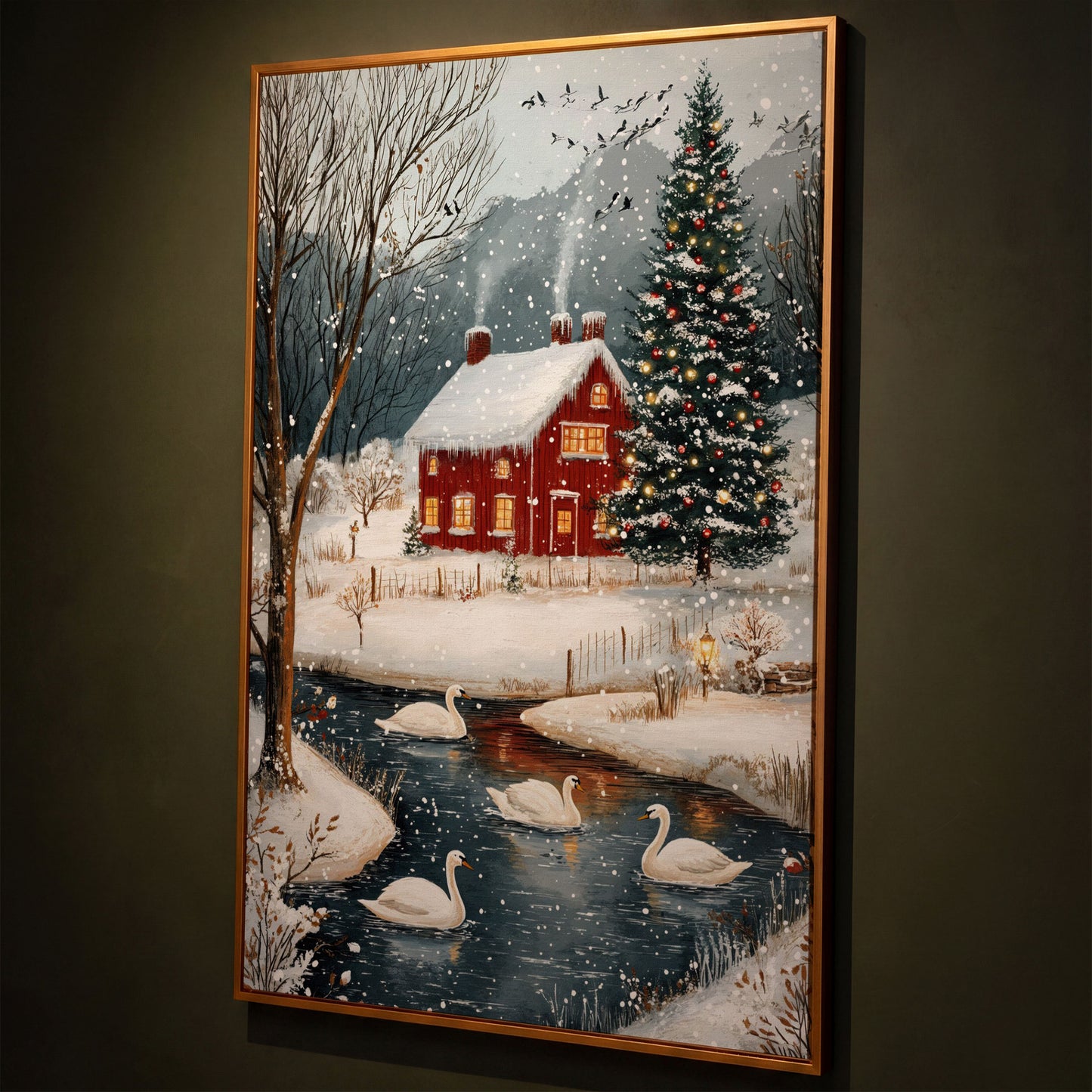 Cozy Winter Cottage Canvas Print with Snowy Christmas Landscape shown in antique gold floating frame