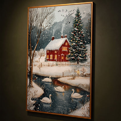 Cozy Winter Cottage Canvas Print with Snowy Christmas Landscape shown in antique gold floating frame