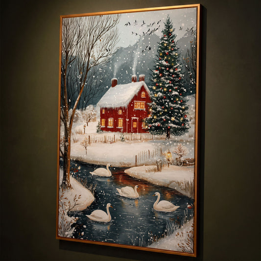 Cozy Winter Cottage Canvas Print with Snowy Christmas Landscape shown in antique gold floating frame
