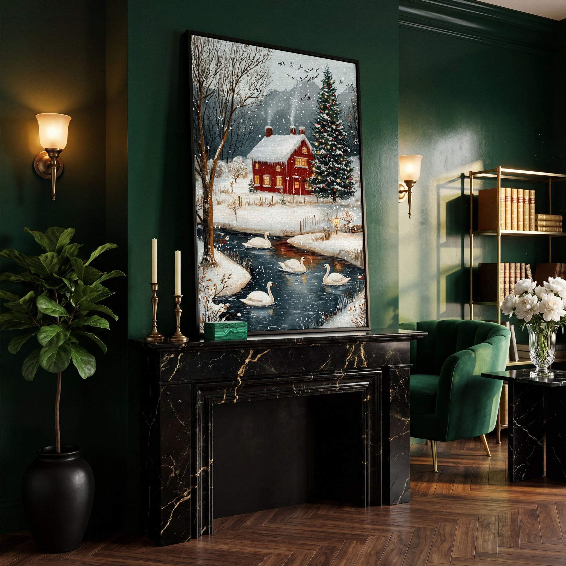 Cozy Winter Cottage Canvas Print with Snowy Christmas Landscape in black floating frame