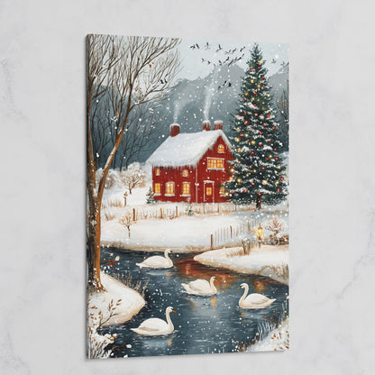 Cozy Winter Cottage Canvas Print with Snowy Christmas Landscape on gallery wrap