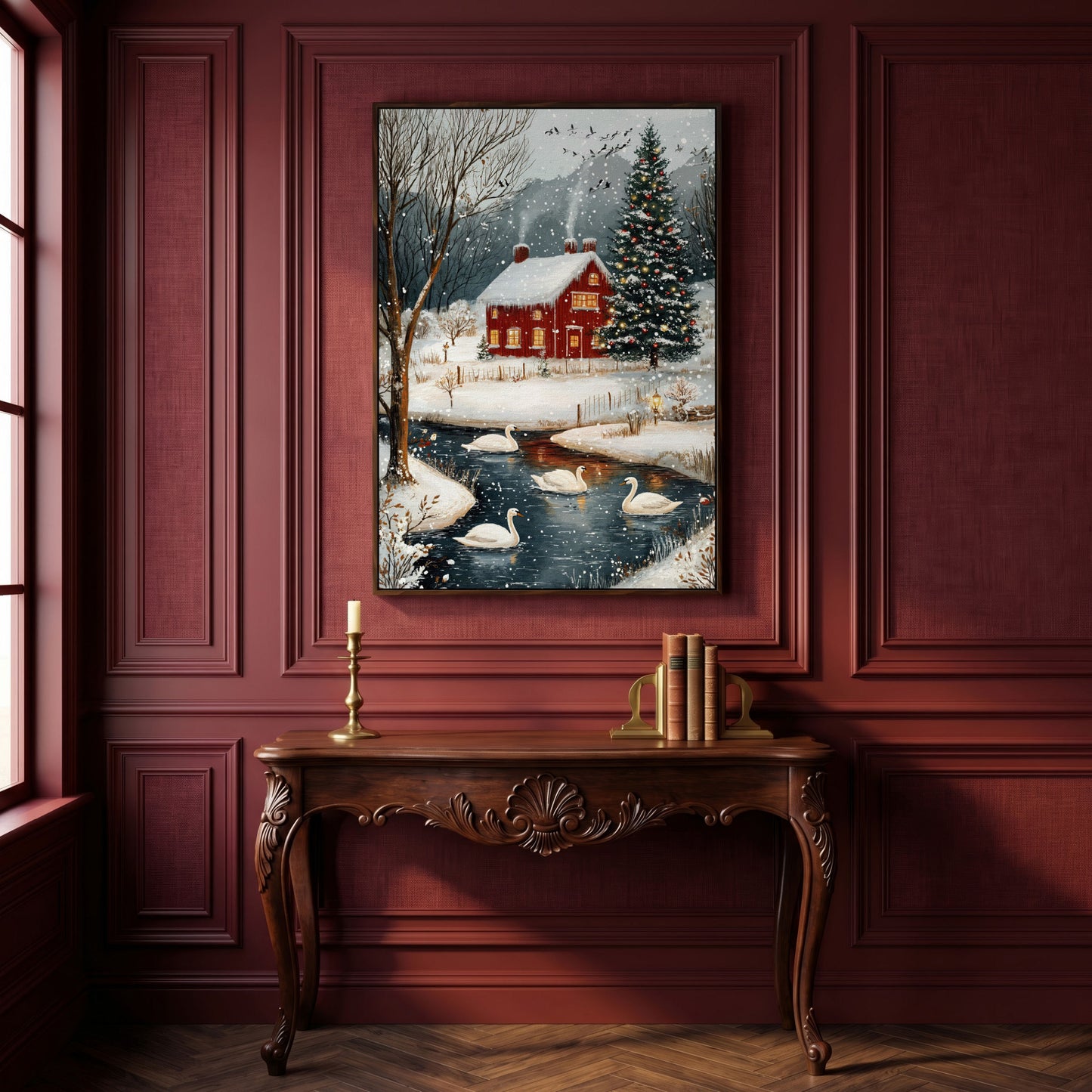 Cozy Winter Cottage Canvas Print with Snowy Christmas Landscape in dark walnut floating frame
