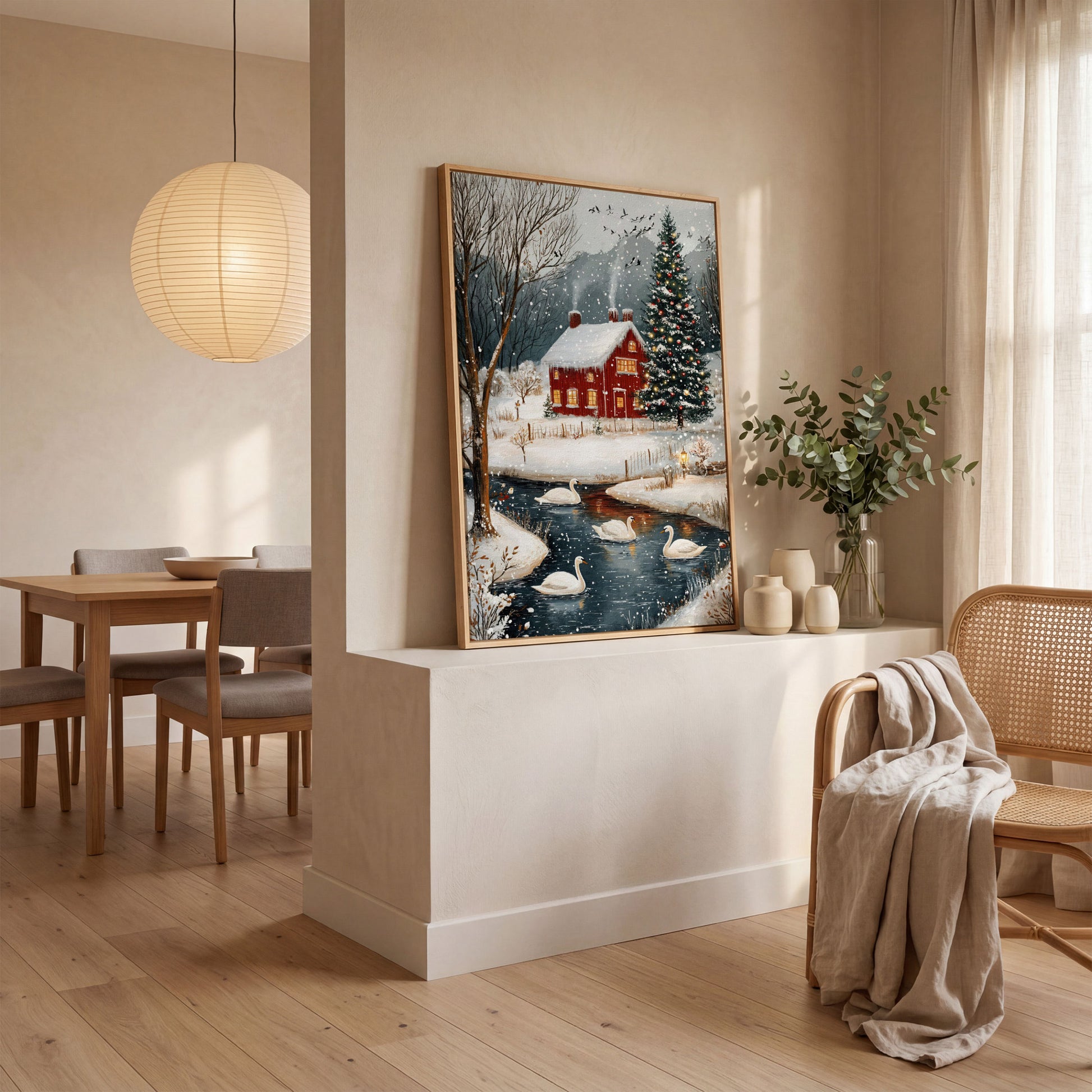 Cozy Winter Cottage Canvas Print with Snowy Christmas Landscape in white oak floating frame