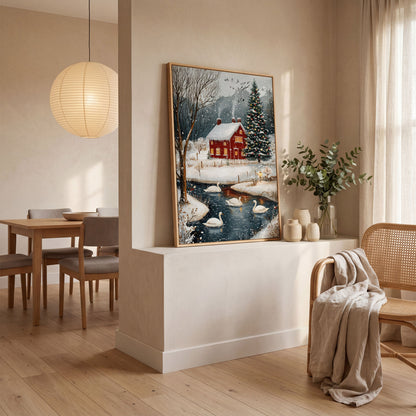 Cozy Winter Cottage Canvas Print with Snowy Christmas Landscape in white oak floating frame