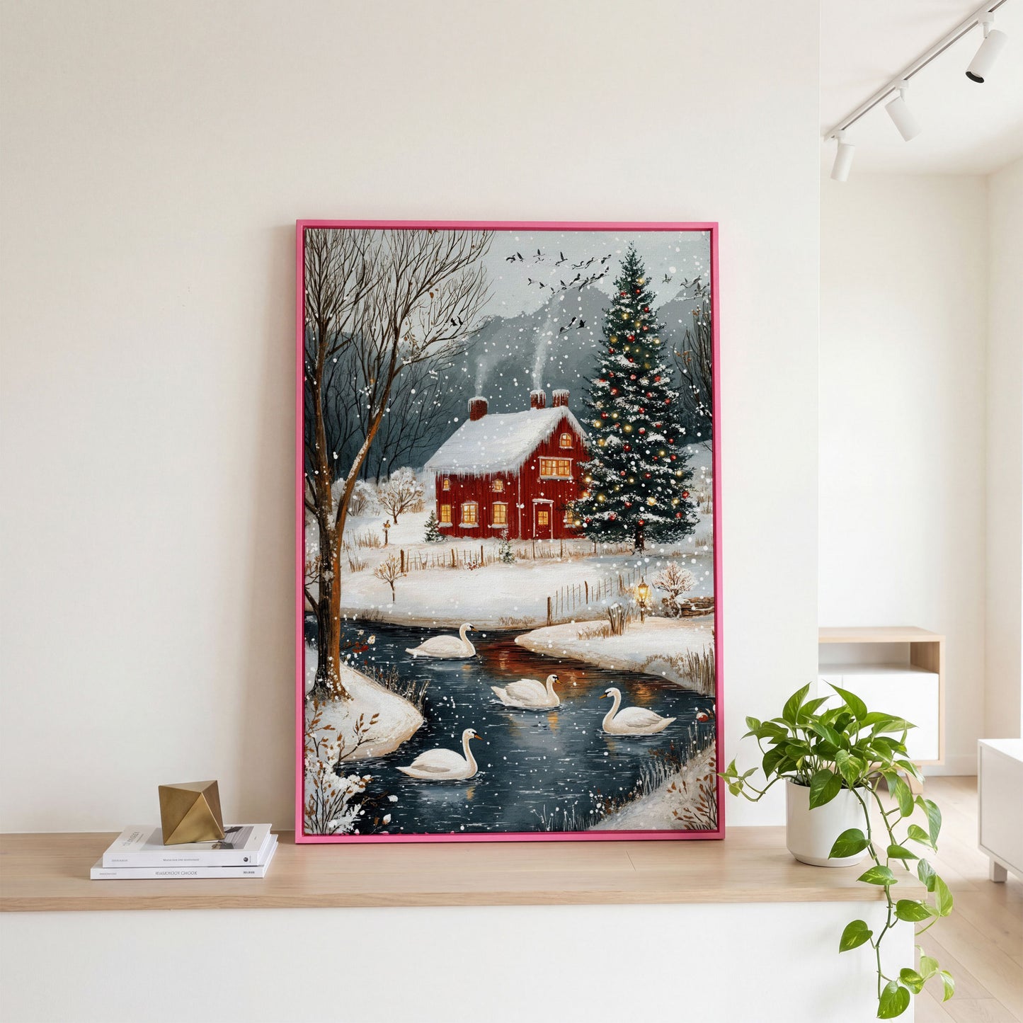 Cozy Winter Cottage Canvas Print with Snowy Christmas Landscape in pink floating frame