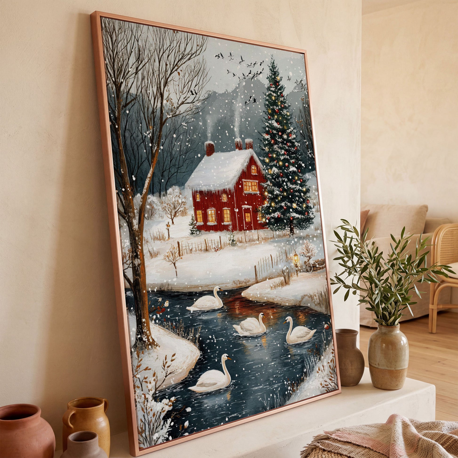Cozy Winter Cottage Canvas Print with Snowy Christmas Landscape in rose gold floating frame