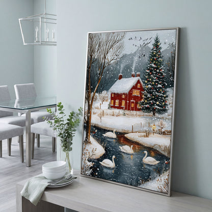 Cozy Winter Cottage Canvas Print with Snowy Christmas Landscape in silver floating frame