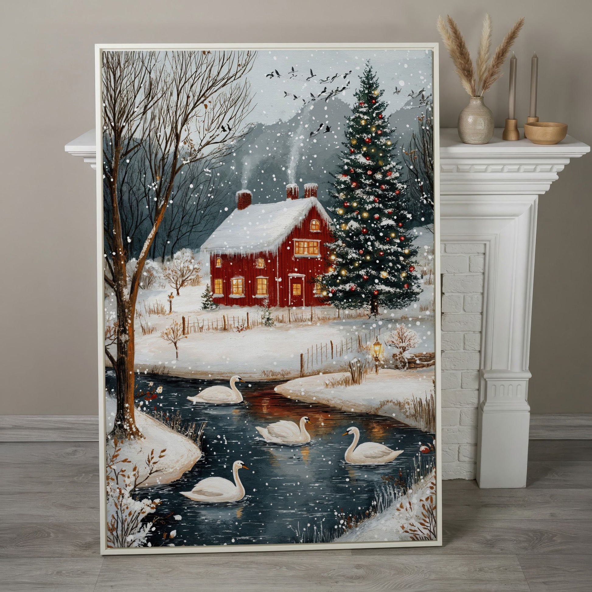Cozy Winter Cottage Canvas Print with Snowy Christmas Landscape in white floating frame