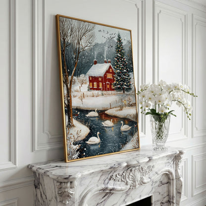 Cozy Winter Cottage Canvas Print with Snowy Christmas Landscape in yellow gold floating frame