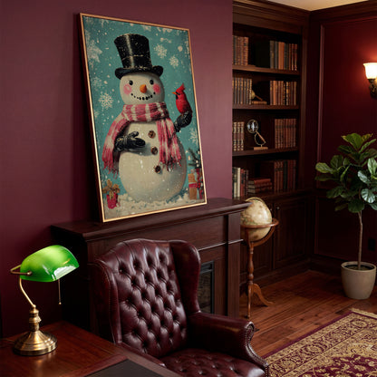 Snowman & Cardinal Canvas Wall Art in antique gold floating frame
