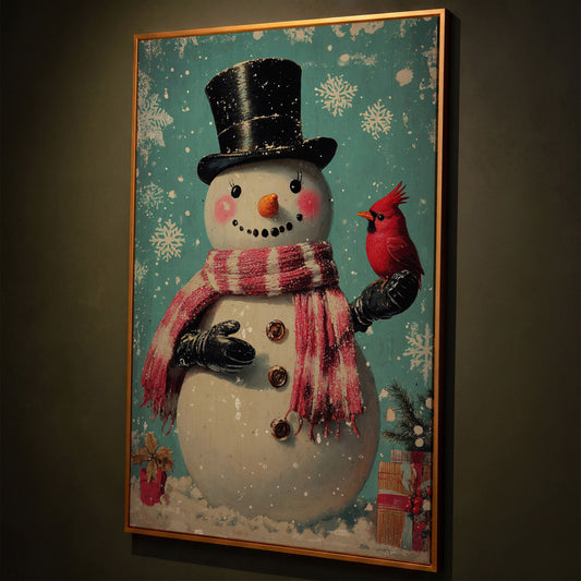 Snowman & Cardinal Canvas Wall Art shown in antique gold floating frame