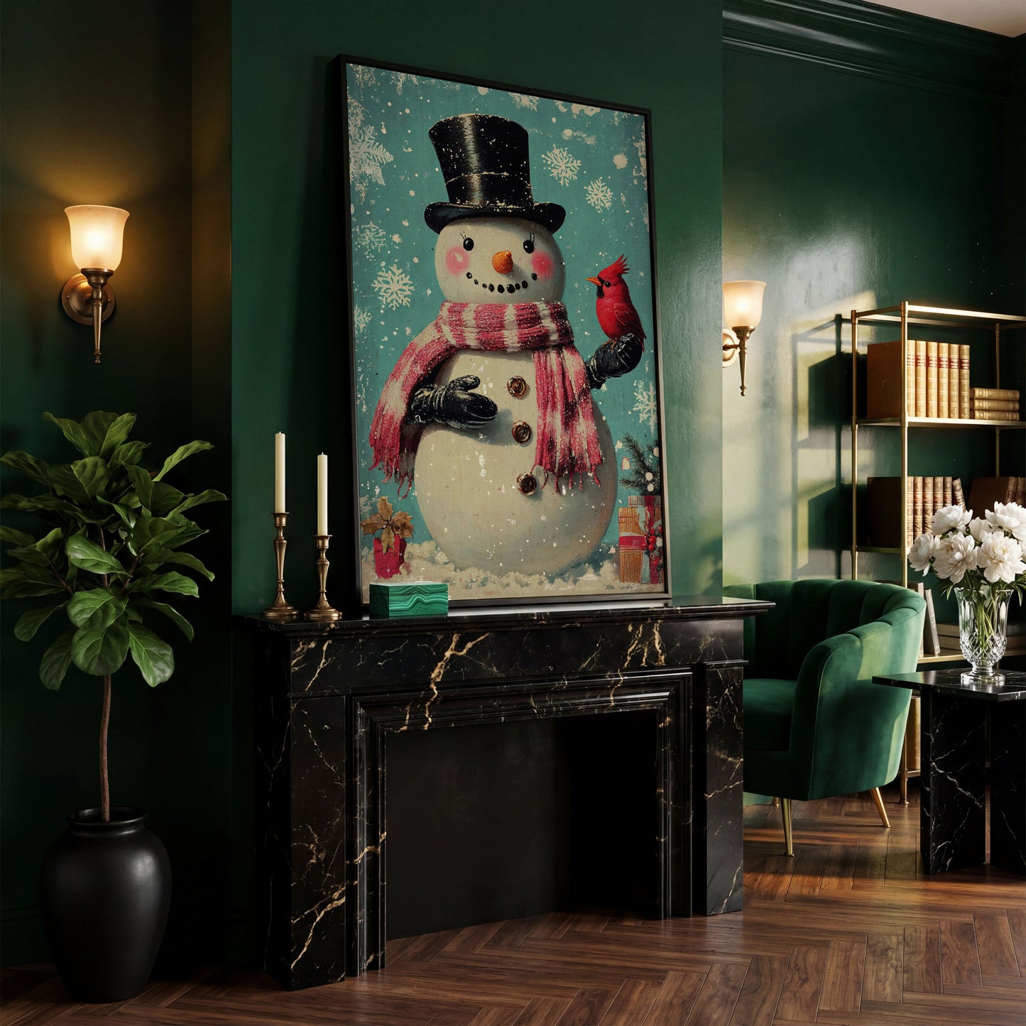 Snowman & Cardinal Canvas Wall Art in black floating frame