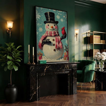 Snowman & Cardinal Canvas Wall Art in black floating frame