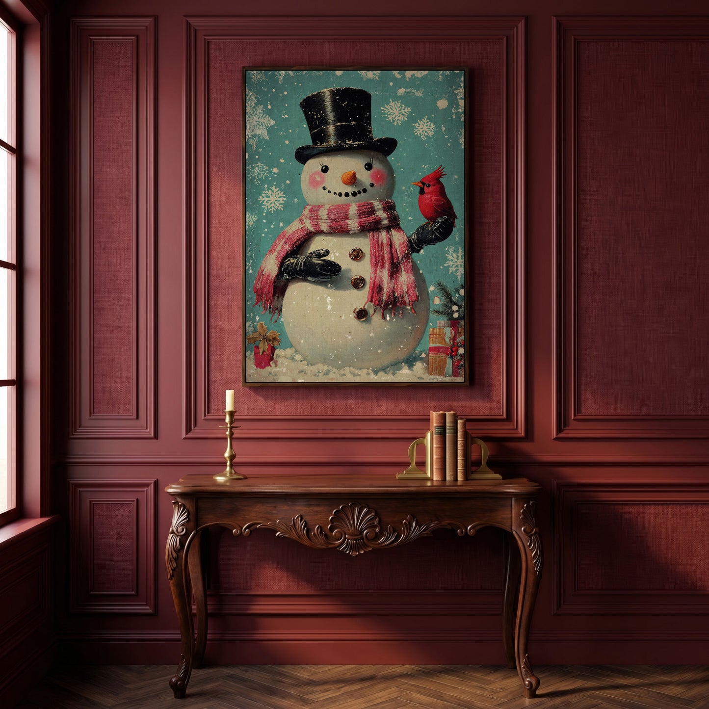 Snowman & Cardinal Canvas Wall Art in dark walnut floating frame