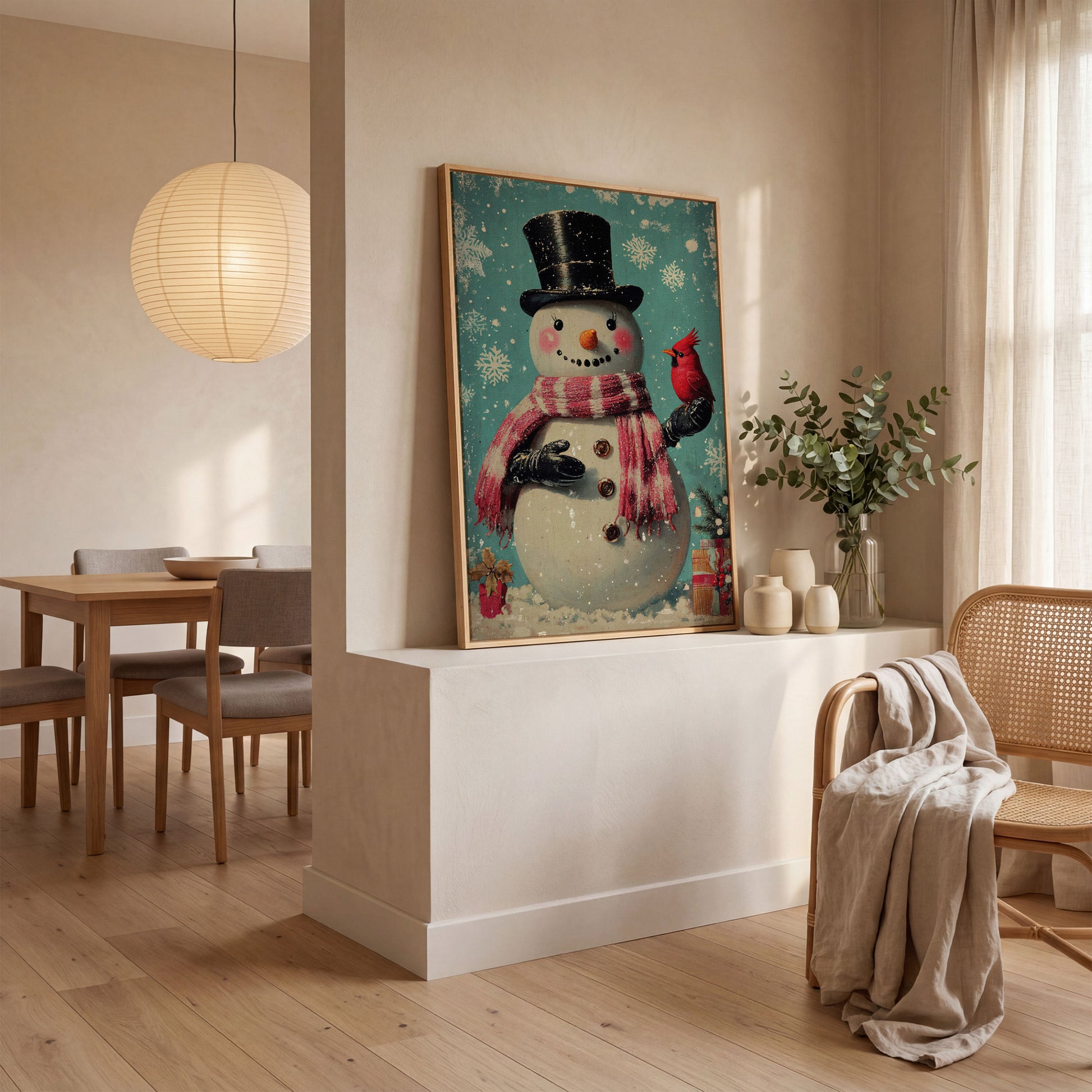 Snowman & Cardinal Canvas Wall Art in white oak floating frame