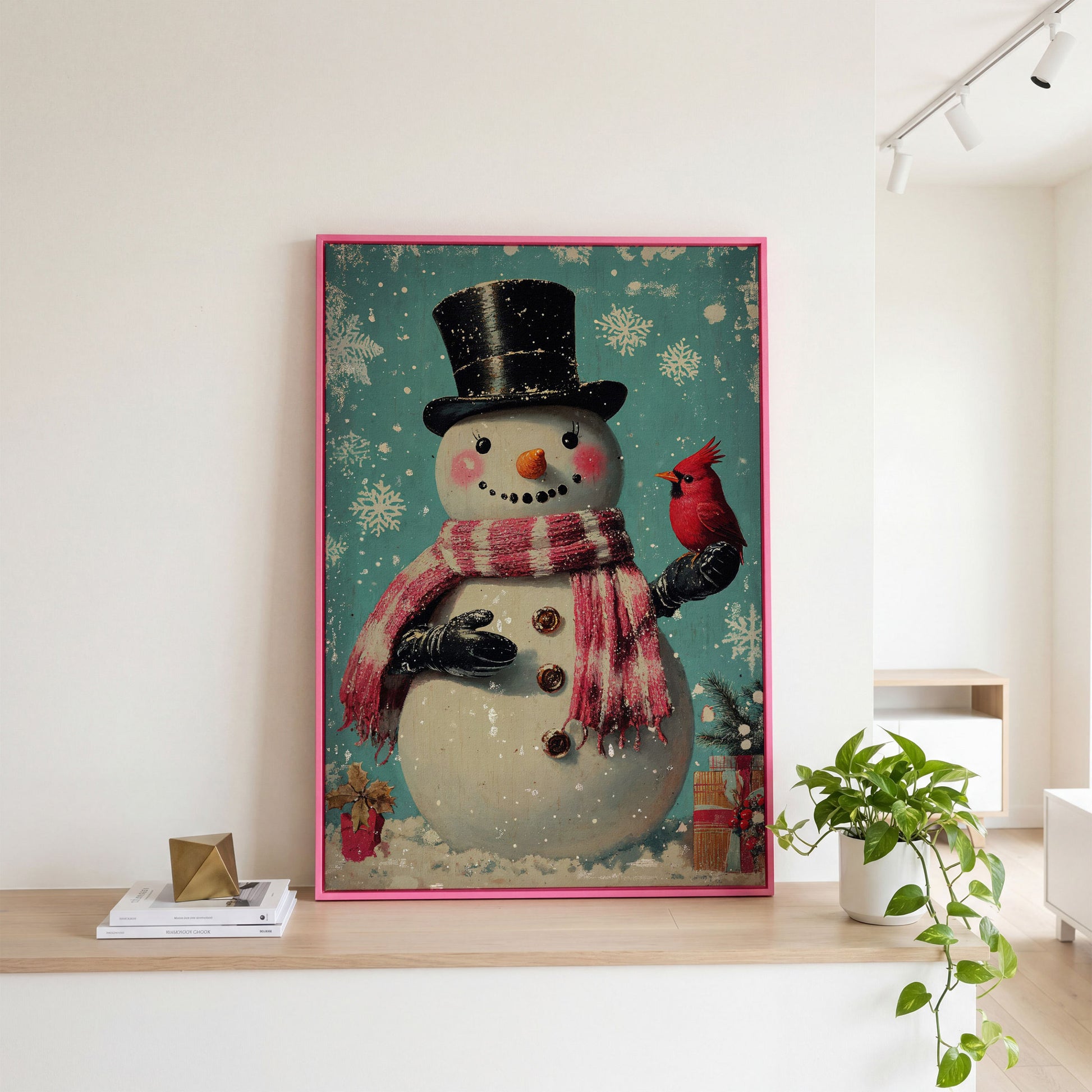 Snowman & Cardinal Canvas Wall Art in pink floating frame